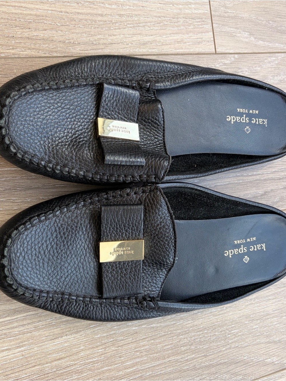 kate spade Black Pebbled Leather Bow Loafers with Gold Hardware